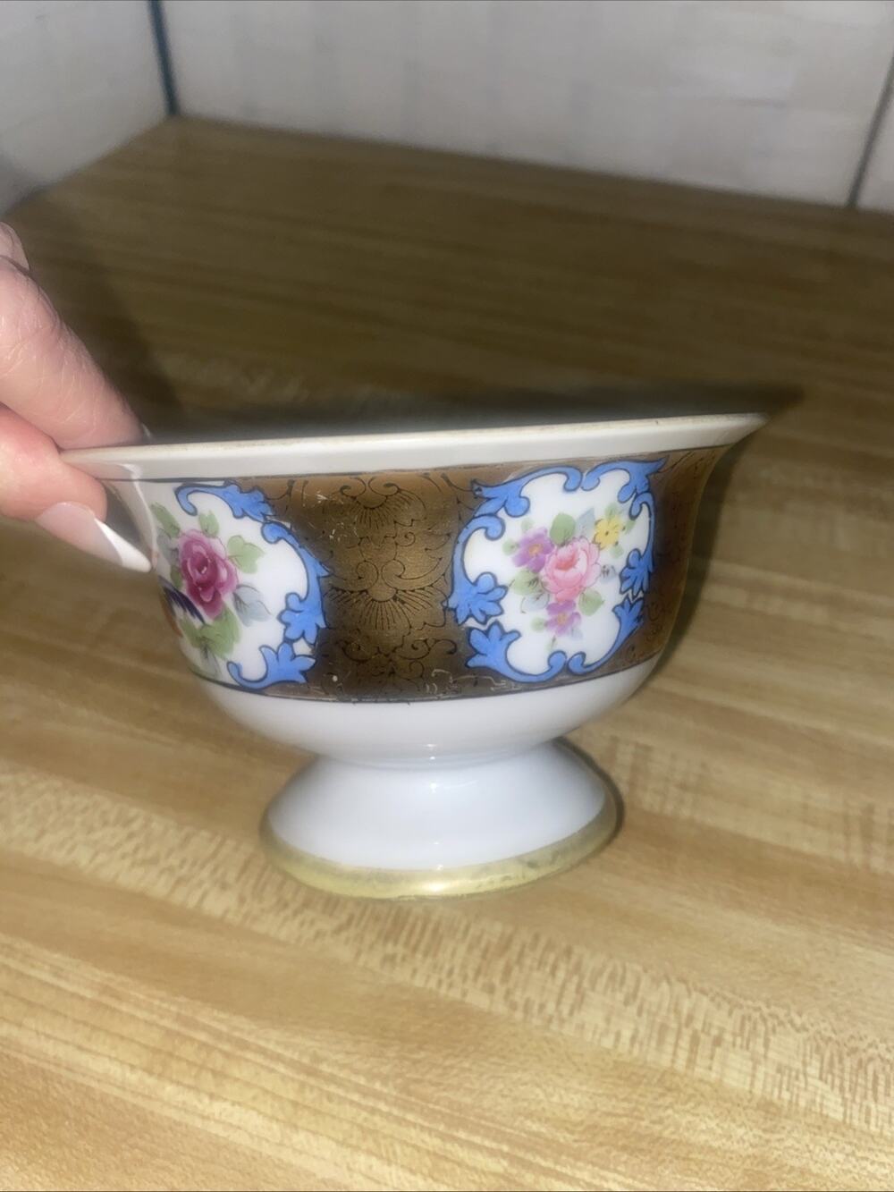 Noritake Japan Porcelain China Handpainted Pedestal Bowl Dish Blue Gold Floral
